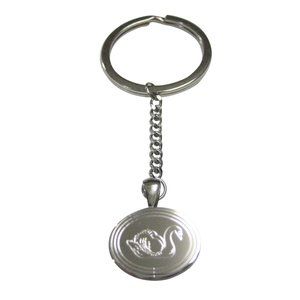 Silver Toned Oval Etched Swan Bird Pendant Keychain